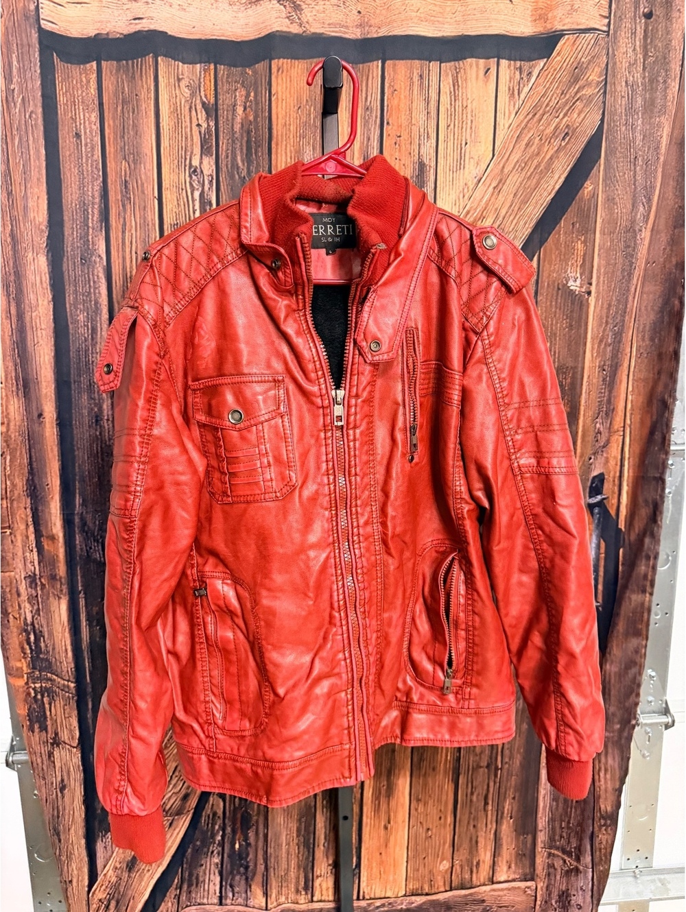 Red Ferreti Faux Leather Jacket Size L with Fleece Lining